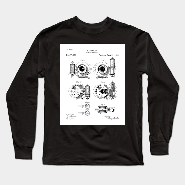 Camera Shutter Patent - Photographer Photography Studio Art - White Long Sleeve T-Shirt by patentpress